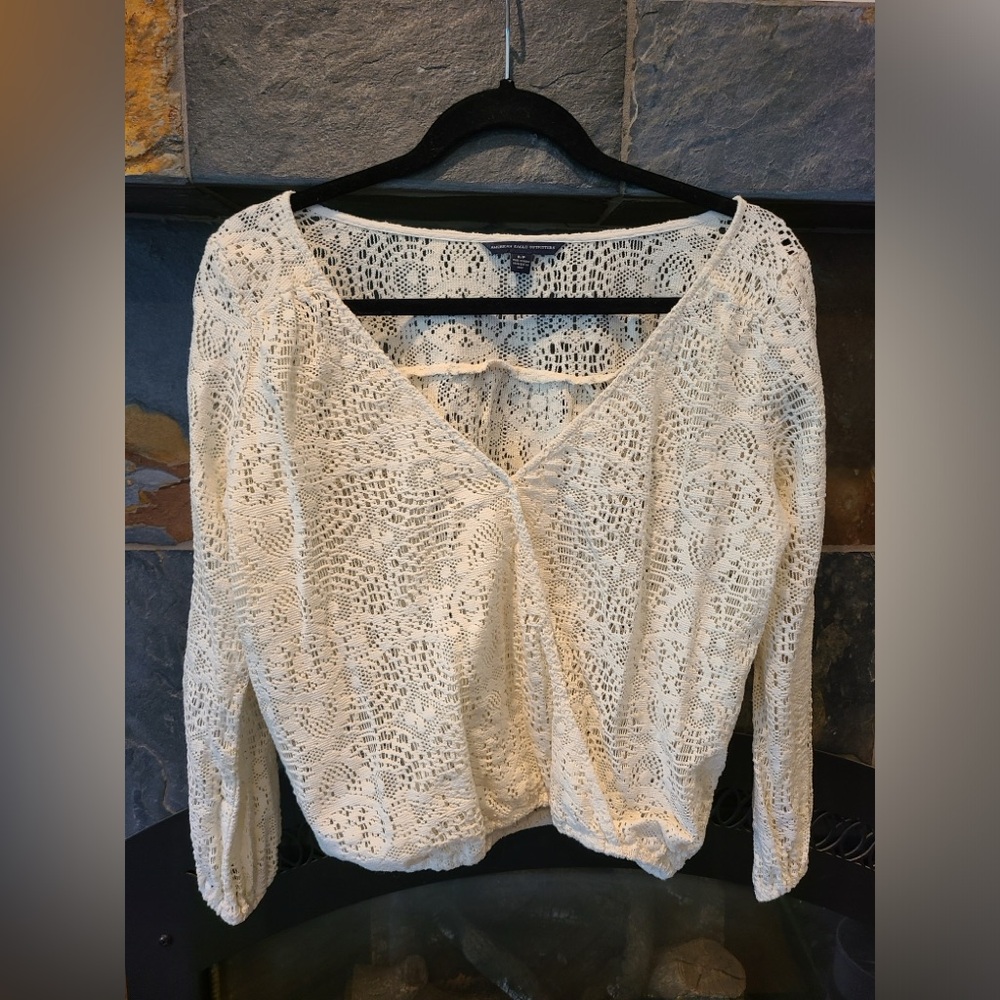 American Eagle Sexy Cream semi-sheer lace faux wrap-front blouse size small